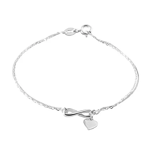 Strieborný 925 náramok s dvojitou retiazkou, symbol nekonečna, srdiečko