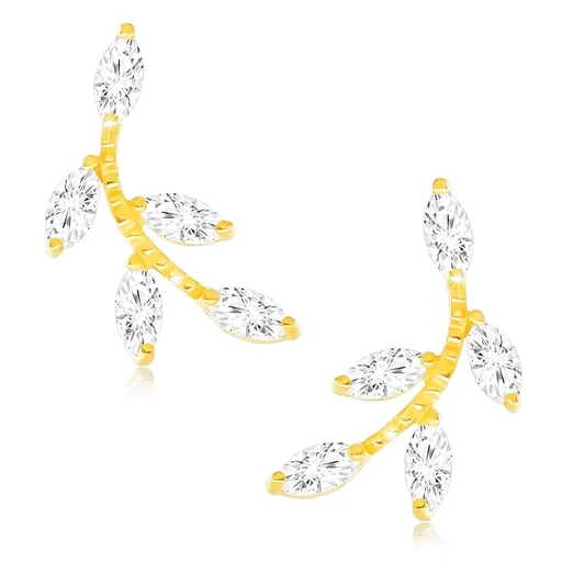 Náušnice zo žltého 9K zlata, vetvička s listami z čírych zirkónov