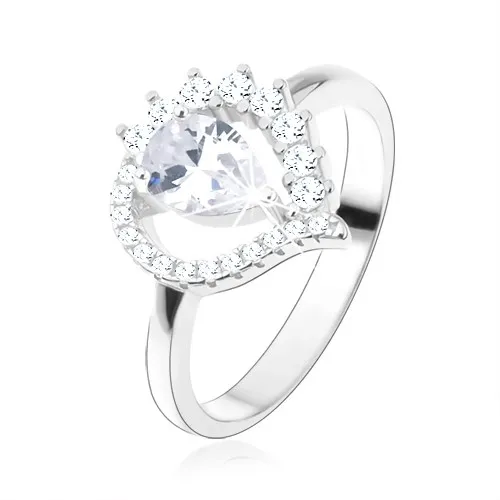 Prsteň zo striebra 925, asymetrická slza - obrys, číra zirkónová kvapka - Veľkosť: 49 mm