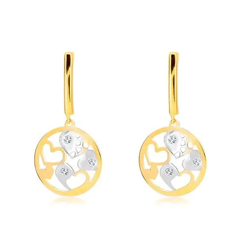 Náušnice v 14K zlate - úzky pás, kruh s dvojfarebnými srdiečkami, zirkóny