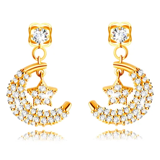 Zlaté 14K náušnice - polmesiac s hviezdičkou, zdobené drobnými čírymi zirkónmi, puzetky