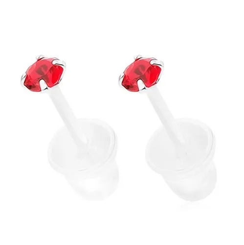 Puzetové náušnice zo striebra 925, okrúhly tmavočervený zirkón, 2,5 mm