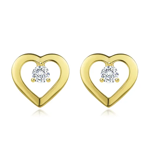 Puzetové náušnice v žltom zlate 585 - hladké srdce s čírym zirkónom