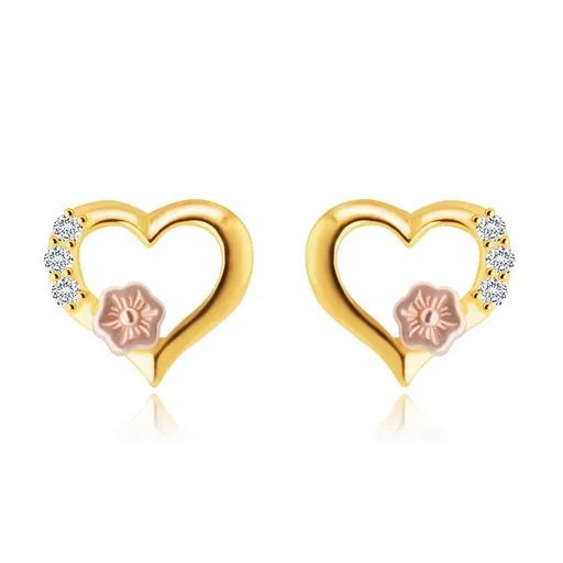 Náušnice zo 14K zlata - obrys srdca, okrúhle číre zirkóny, ozdobný kvietok v ružovom zlate