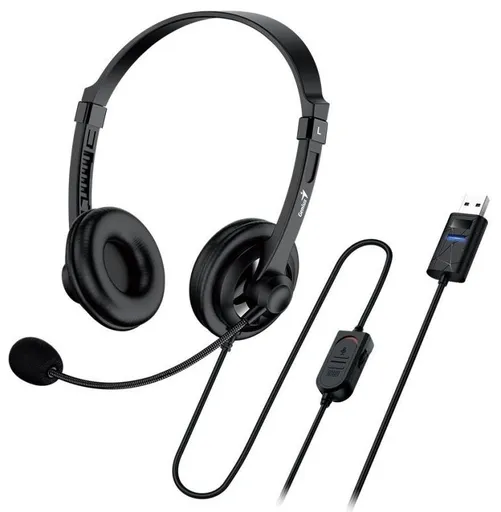 Genius headset - HS-230U, náhlavný, drôtový, s mikrofónom, ovládanie hlasitosti, dĺžka kábla 2,4m, USB, čierny