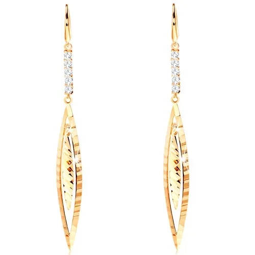 Visiace náušnice zo žltého 14K zlata - línia čírych zirkónov, úzke zrnko