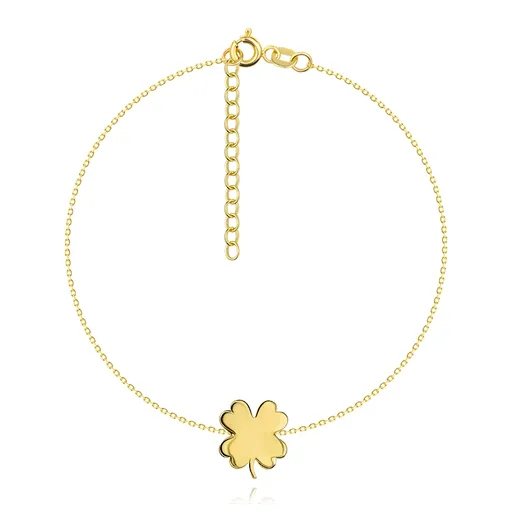 Náramok v žltom 14K zlate - lesklý štvorlístok, tenká retiazka z oválnych očiek