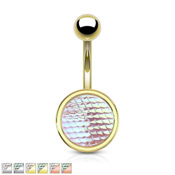Oceľový piercing do bruška - ligotavý kameň s dračím vzorom - Farba zirkónu: Aqua modrá - Q, Farba piercing: Medená