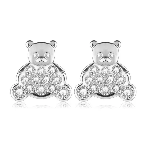Puzetové náušnice z bieleho zlata 585 - medvedík so zirkónovým telom