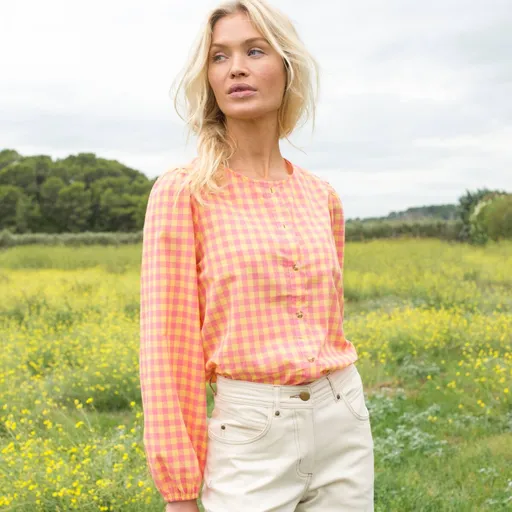 Blúzka s kockovanou potlačou a okrúhlym výstrihom