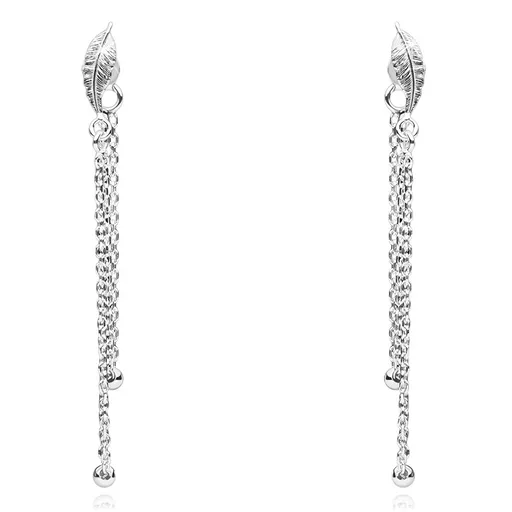 Strieborné náušnice 925, lístok, retiazky spojené s brzdítkom, guličky