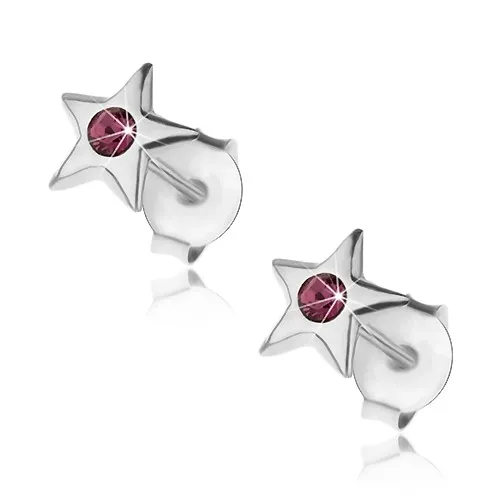 Strieborné 925 náušnice, lesklá hviezdička s fialovým Swarovského krištáľom