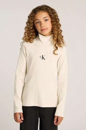Detské tričko s dlhým rukávom Calvin Klein Jeans béžová farba, s rolákom, IG0IG02808