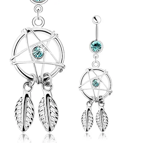 Piercing z ocele 316L, strieborná farba, lapač snov s pierkami, modré zirkóny