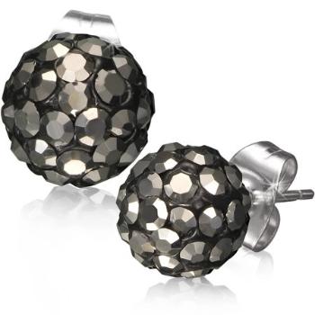 Oceľové náušnice Shamballa - čierne guličky, sivé brúsené kamienky, 8 mm