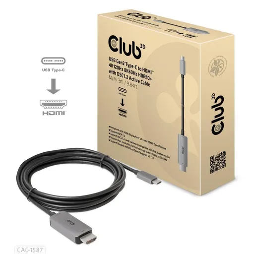 Club3D kábel USB-C na HDMI, 4K120Hz 8K60Hz HDR10 s DSC1.2, Aktívny kábel, M/M, 3m