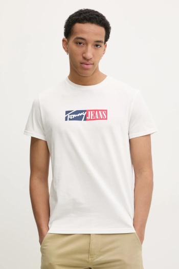 Bavlnené tričko Tommy Jeans pánske, béžová farba, s potlačou, DM0DM20365