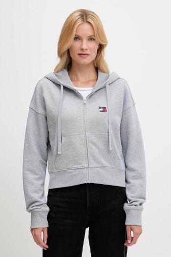 Bavlnená mikina Tommy Jeans šedá farba, s kapucňou, s nášivkou, DW0DW21147