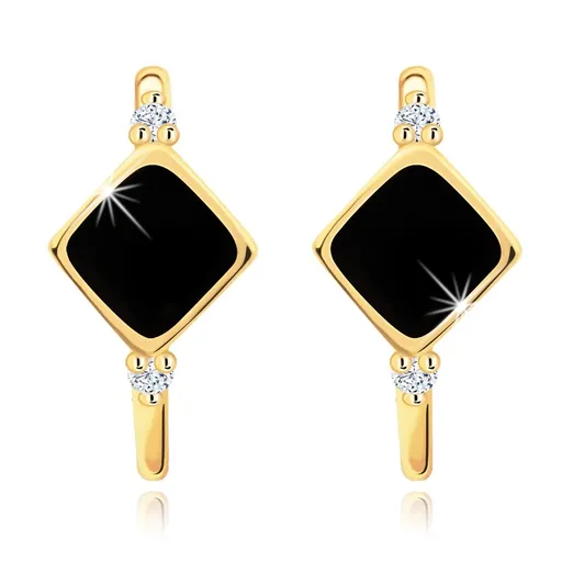 Zlaté náušnice 14K s čiernym kosoštvorcom a zirkónmi na oblúku