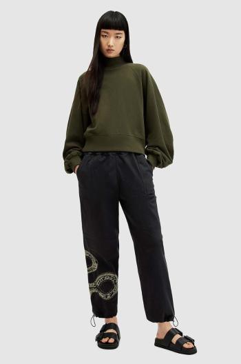 Bavlnené nohavice AllSaints YAS EMB TROUSER čierna farba, rovné, stredne vysoký pás, WP512Z