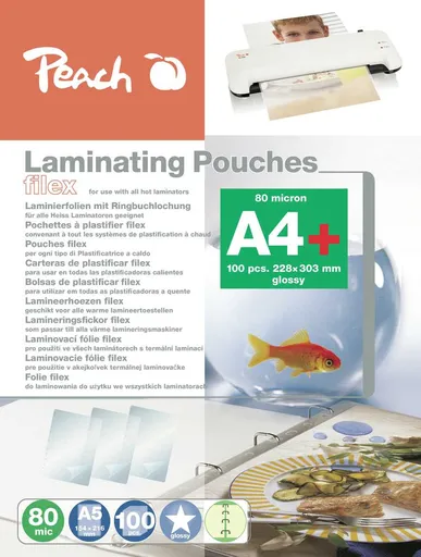 PEACH laminovacia fólia A4 (228x303mm), 80mic, lesklé, eurozáves, 100ks