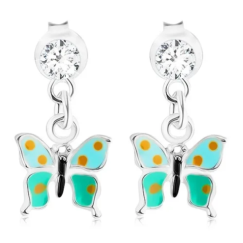Strieborné náušnice 925, glazúrovaný motýlik s bodkami, Swarovského krištáľ