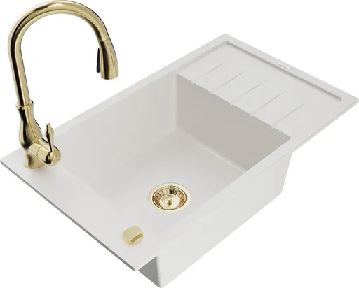 MEXEN/S MEXEN/S - Elias granitový drez 1-miska s odkvapkávačom vrátane batérie Savita, biela 6511-20-672601-50