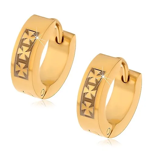 Oceľové náušnice zlatej farby so vzorom troch maltézskych krížov