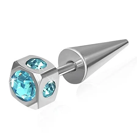 Falošný expander z ocele - kocka, vsadené svetlomodré zirkóny