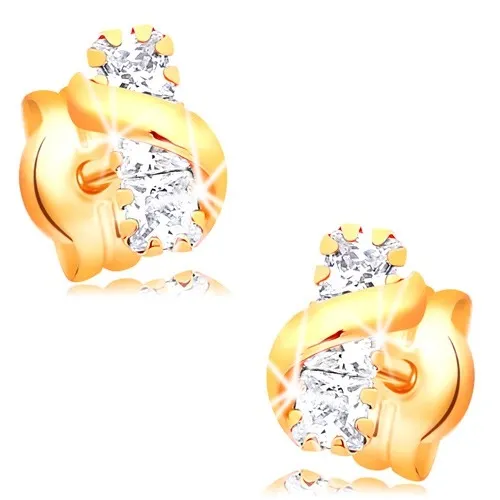 Náušnice zo žltého 14K zlata - pás čírych zirkónov, lesklá zvlnená línia