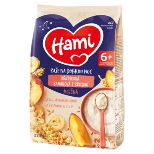 HAMI Mliečna kaša krupicová banánová s broskyňou na Dobrú noc 210 g