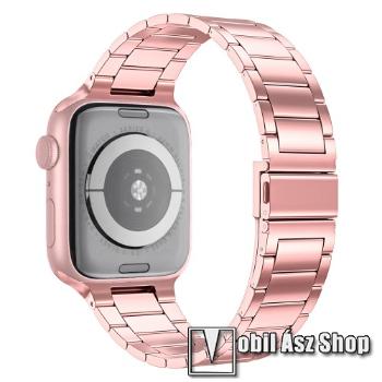 Fém okosóra szíj - RÓZSASZÍN - rozsdamentes acél, csatos, 189mm hosszú - Apple Watch Series 1/2/3 42mm / 4/5/6/SE 44mm / 7/8 45mm / 10 46mm / Ultra / Ultra 2 49mm