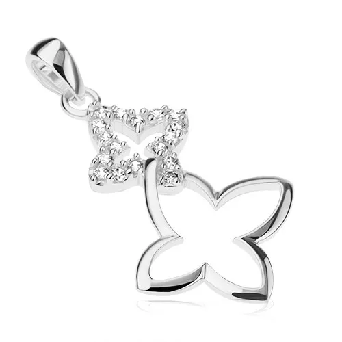 Prívesok zo striebra 925, dva prepojené obrysy motýľov - zirkónový a lesklý