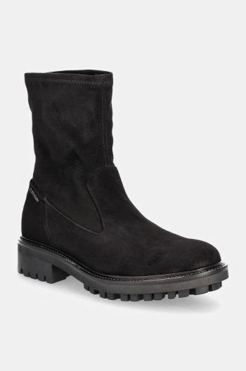 Semišové topánky Calvin Klein FLAT SOCK BOOT SUE MIX dámske, čierna farba, na plochom podpätku, HW0HW02199