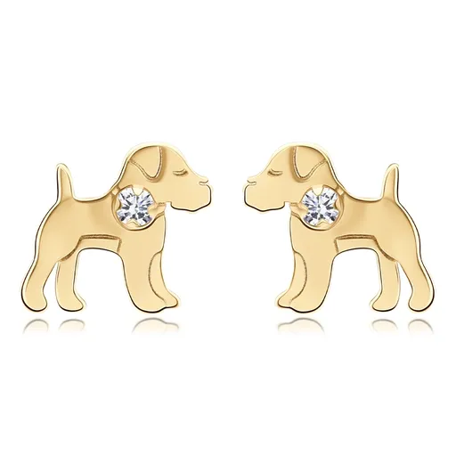 Náušnice v žltom 9K zlate - pes s čírym zirkónom na krku, puzetky