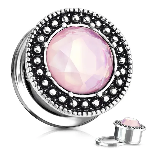 Oceľový plug do ucha - brúsené ružové sklíčko, lem s čiernou patinou - Hrúbka: 10 mm