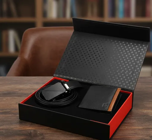 Darčekový set NORDEE – kožená peňaženka a čierny opasok s automatickou prackou