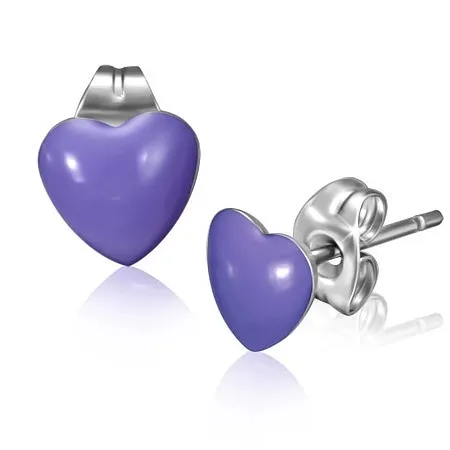 Oceľové náušnice s fialovými srdiečkami a puzetkami