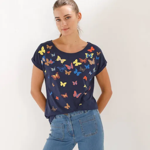 Rovné tričko s okrúhlym výstrihom a potlačou motýľov