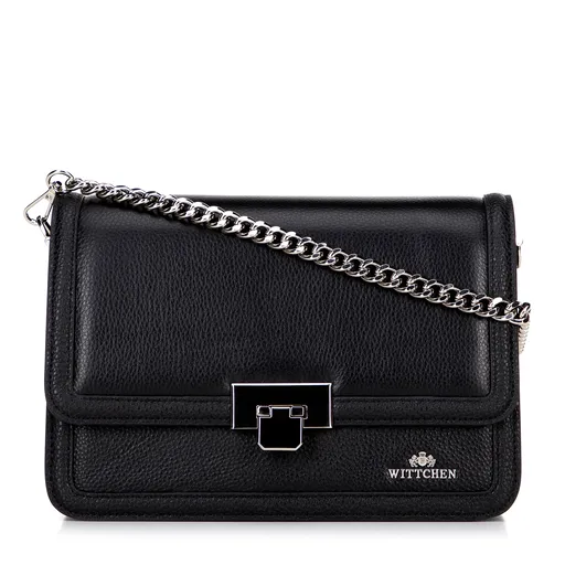 Kožená kabelka crossbody s retiazkou čierno-strieborná 100-4E-206-1S