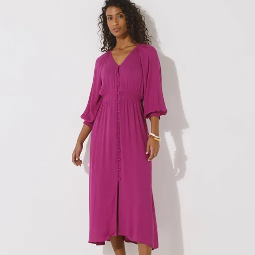 Jednofarebné dlhé krepónové šaty s
		gombíkmi