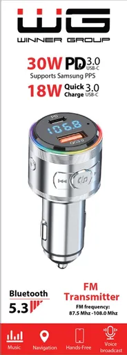 WG - Nabíjačka do auta, Transmitter FM, USB-A QC 3.0 18W + USB-C PD 30W, strieborná