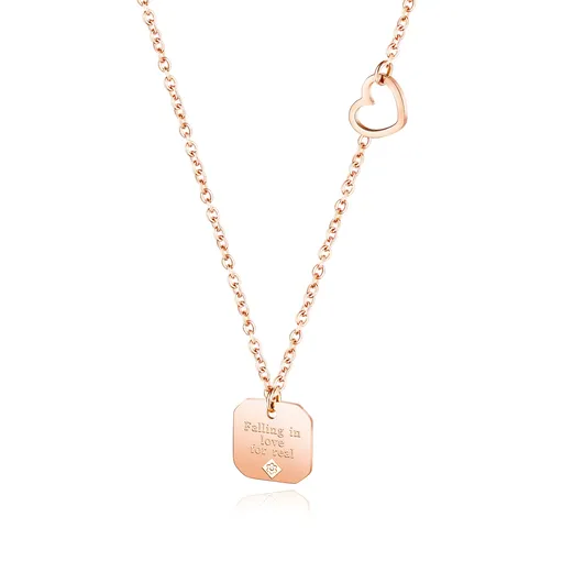 Oceľový náhrdelník, medená farba- tenká retiazka, známka s nápisom "Falling in love for real"