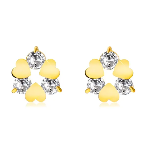 Náušnice v žltom 9K zlate - kvietok so srdiečkovými a čírymi zirkónovými lupeňmi