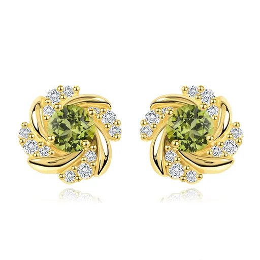 Náušnice zo žltého 9K zlata - kvet so zatočenými lupeňmi a olivínovým stredom