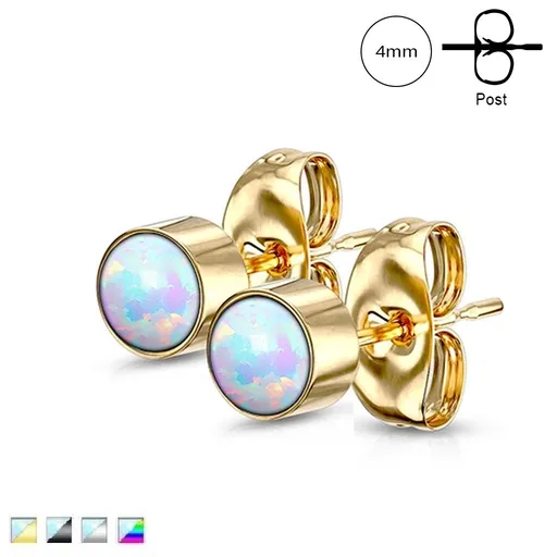 Náušnice z ocele 316L - syntetický opál dúhovej farby v objímke, puzetové zapínanie, 4 mm - Farba: Strieborná