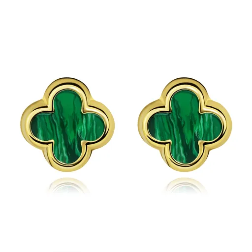 Zlaté náušnice 14K hladký štvorlístok s imitáciou malachitu