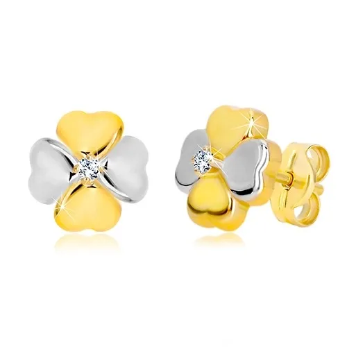 Náušnice zo zlata 585 - dvojfarebný štvorlístok pre šťastie so zirkónom
