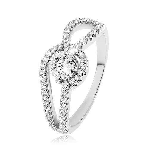 Strieborný prsteň 925, zdobené zaoblené ramená, okrúhly číry zirkón, vrúbkovanie - Veľkosť: 49 mm
