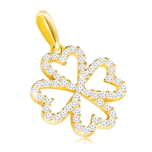 Prívesok zo žltého 9K zlata - obrys štvorlístka so zirkónikmi v čírom odtieni